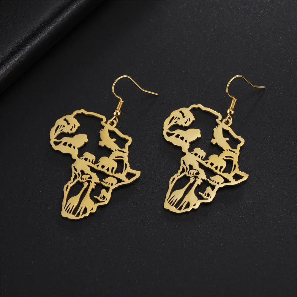 Africa Shaped Drop Earrings with African animals