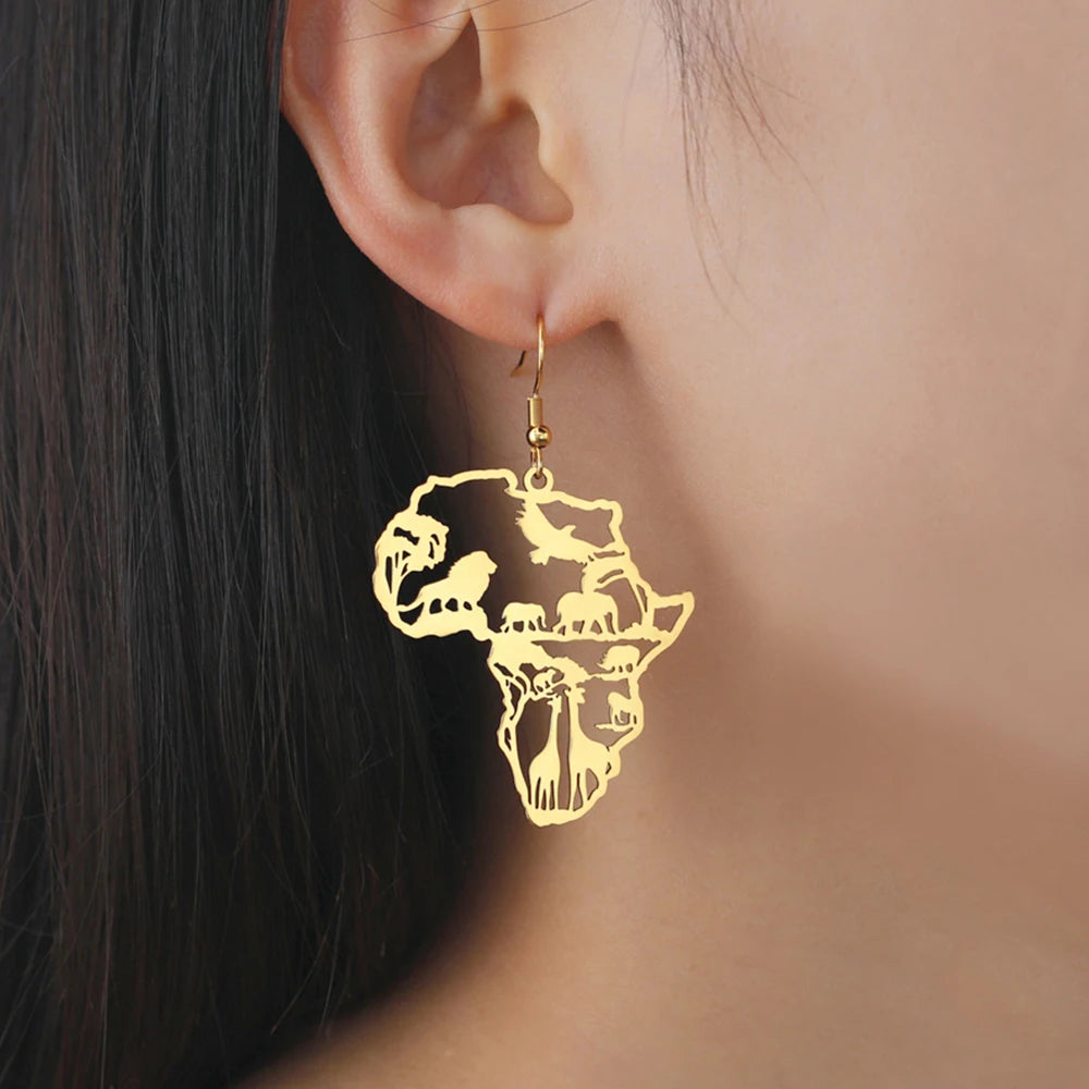 Africa Shaped Drop Earrings with African animals