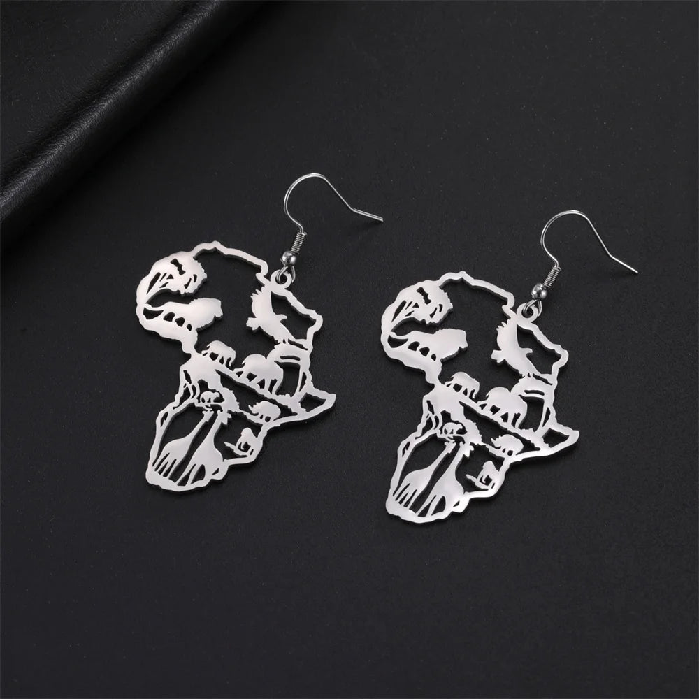 Africa Shaped Drop Earrings with African animals