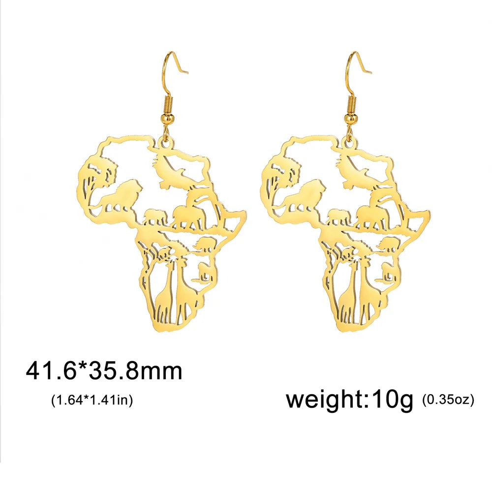 Africa Shaped Drop Earrings with African animals