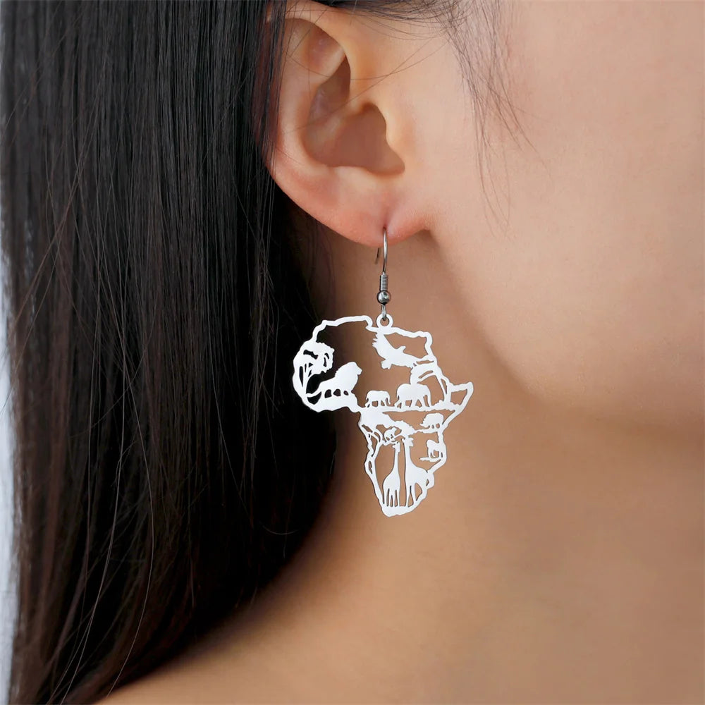 Africa Shaped Drop Earrings with African animals