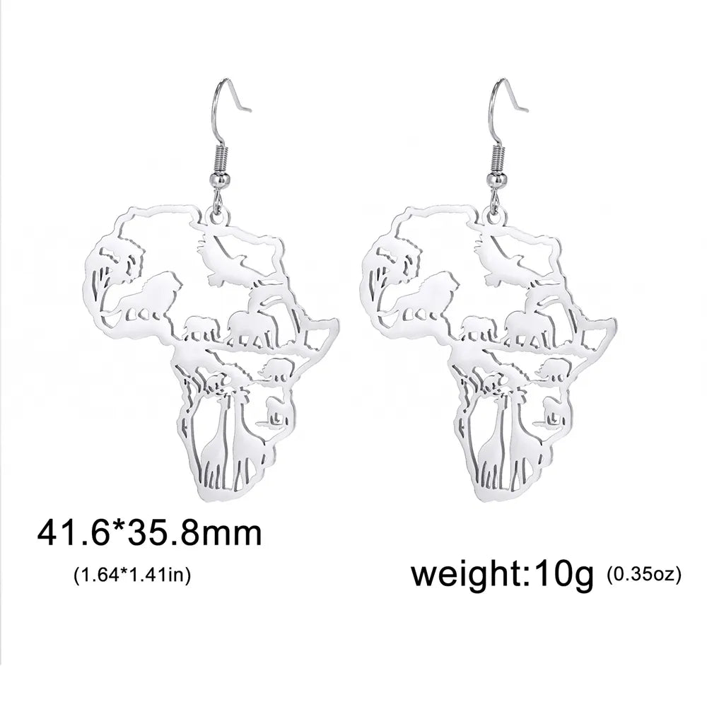 Africa Shaped Drop Earrings with African animals