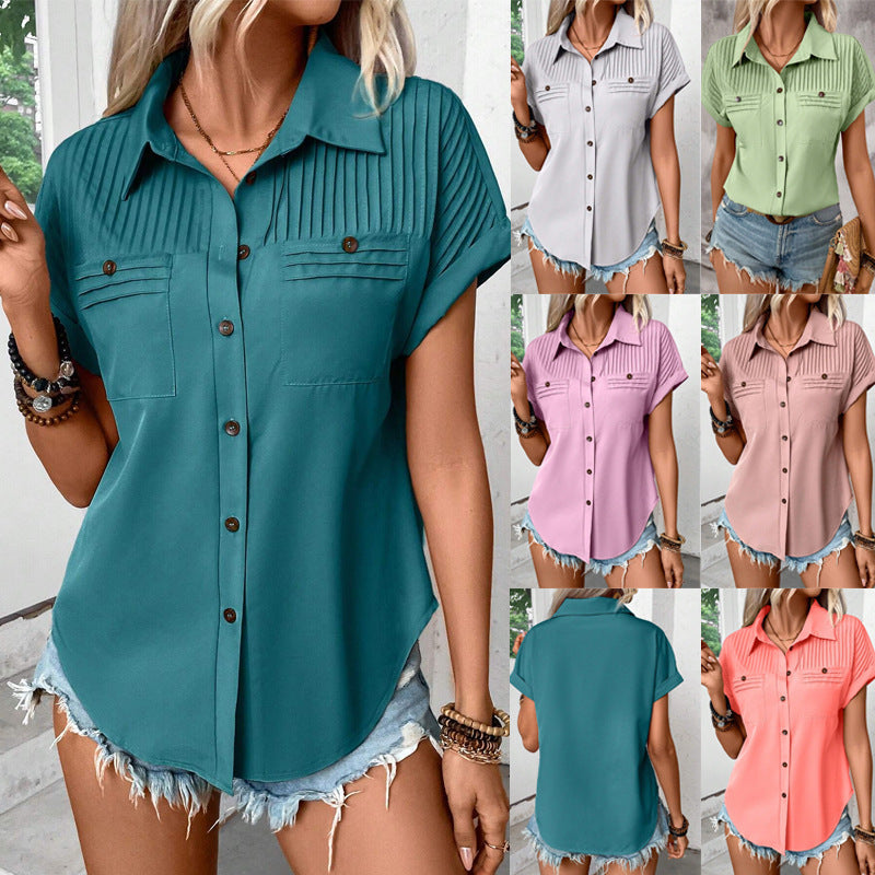 Lapel Shoulder Pleated Pocket Short Sleeve Top T-shirt for Women